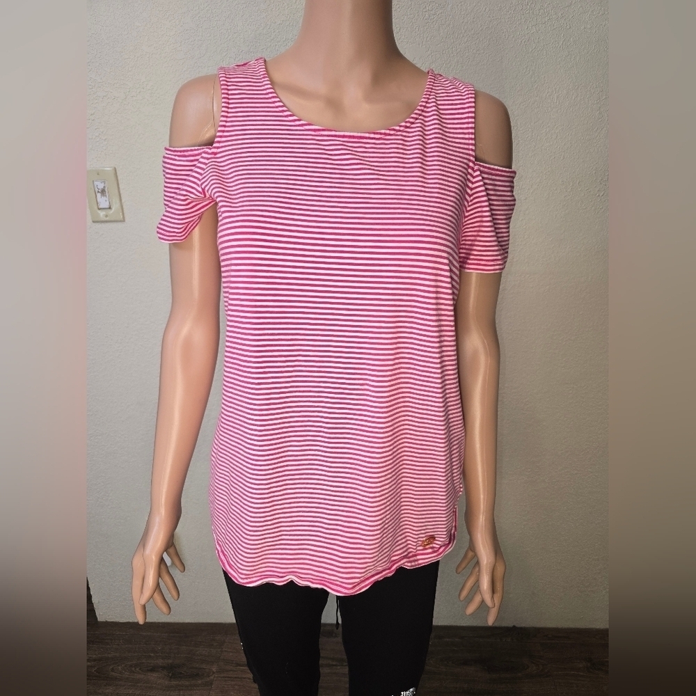 Michael Michael Kors Women's Md Top Striped Pink White Cold Shoulder Sleeve Logo